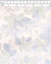 Japanese chiyogami paper featuring large blue, light mint green, and white leaves on a pearlescent white background with metallic gold details.