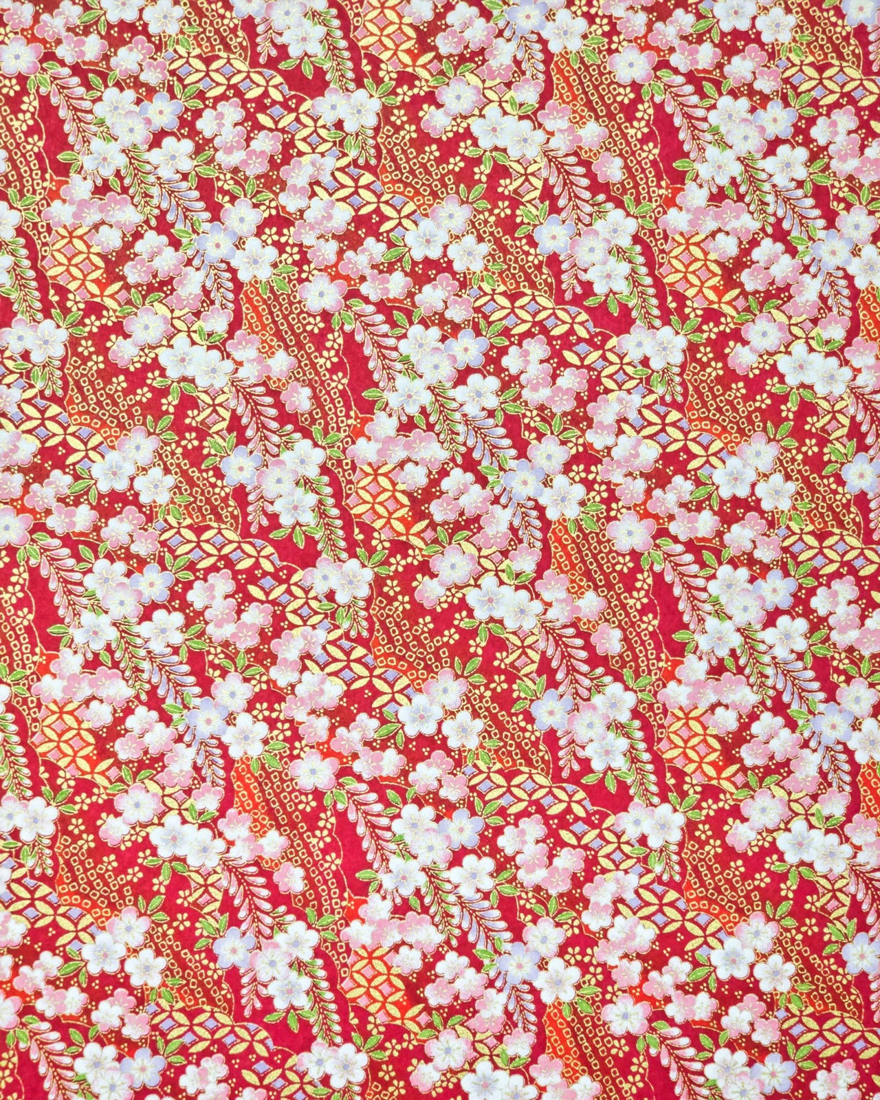 Japanese chiyogami paper featuring pink and purple plum blossoms and pink, green, and purple wisteria on a red background with metallic gold details.