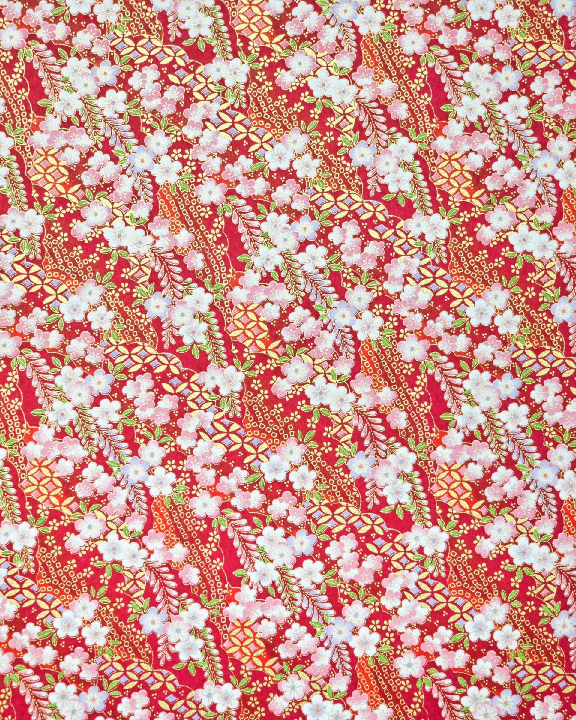 Japanese chiyogami paper featuring pink and purple plum blossoms and pink, green, and purple wisteria on a red background with metallic gold details.