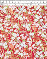 Japanese chiyogami paper featuring pink and purple plum blossoms and pink, green, and purple wisteria on a red background with metallic gold details.