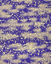Japanese chiyogami paper featuring scattered metallic gold geometric shapes and fine gold lines on a blue background.
