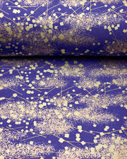 Japanese chiyogami paper featuring scattered metallic gold geometric shapes and fine gold lines on a blue background.