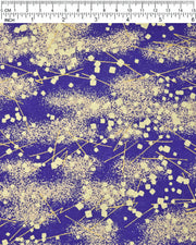 Japanese chiyogami paper featuring scattered metallic gold geometric shapes and fine gold lines on a blue background.