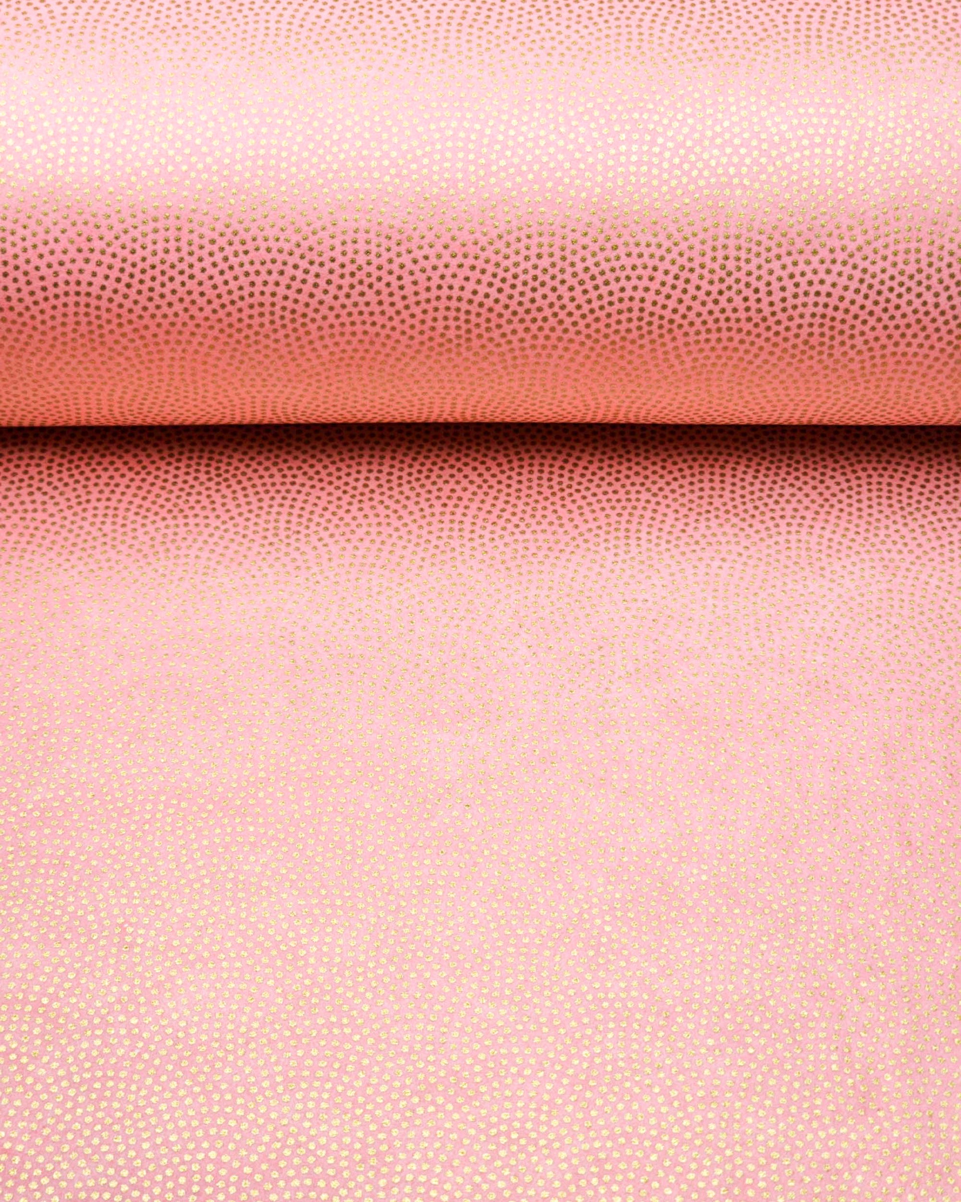 Japanese chiyogami paper featuring a small metallic gold "same-komon" (sharkskin) design on a light pink background. 