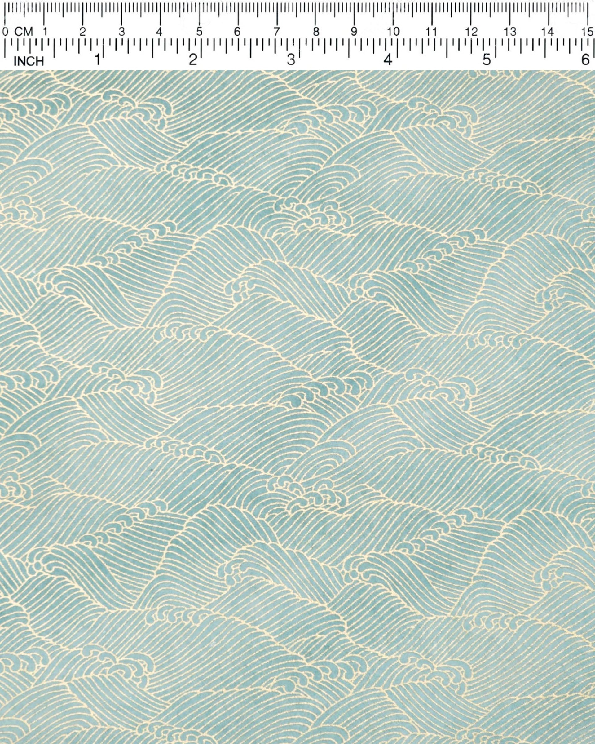 Japanese chiyogami paper featuring small metallic gold waves (aranami) on a gradient green background.