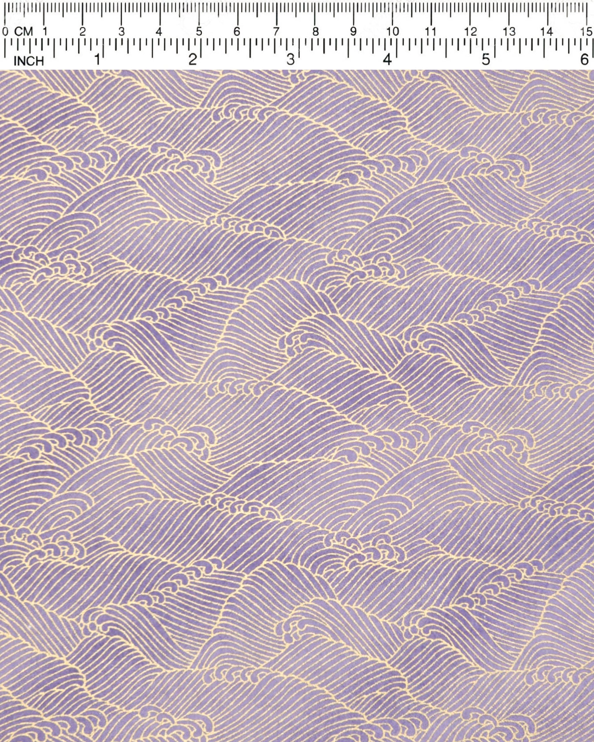 Japanese chiyogami paper featuring small metallic gold waves (aranami) on a gradient purple background.