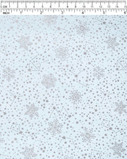 Japanese chiyogami paper featuring assorted metallic silver snowflakes and star constellations on a light blue background.