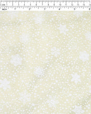 Japanese chiyogami paper featuring assorted white snowflakes and star constellations on a pearlescent light yellow background with metallic silver glitter details.