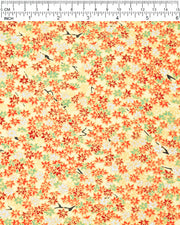 Japanese chiyogami paper featuring small red, green, and white momiji (maple leaves) on a gold background with metallic gold details.