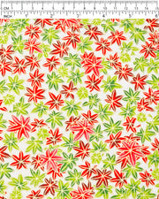 Japanese chiyogami paper featuring red, green, and white momiji (maples leaves) on a white background with metallic gold details.