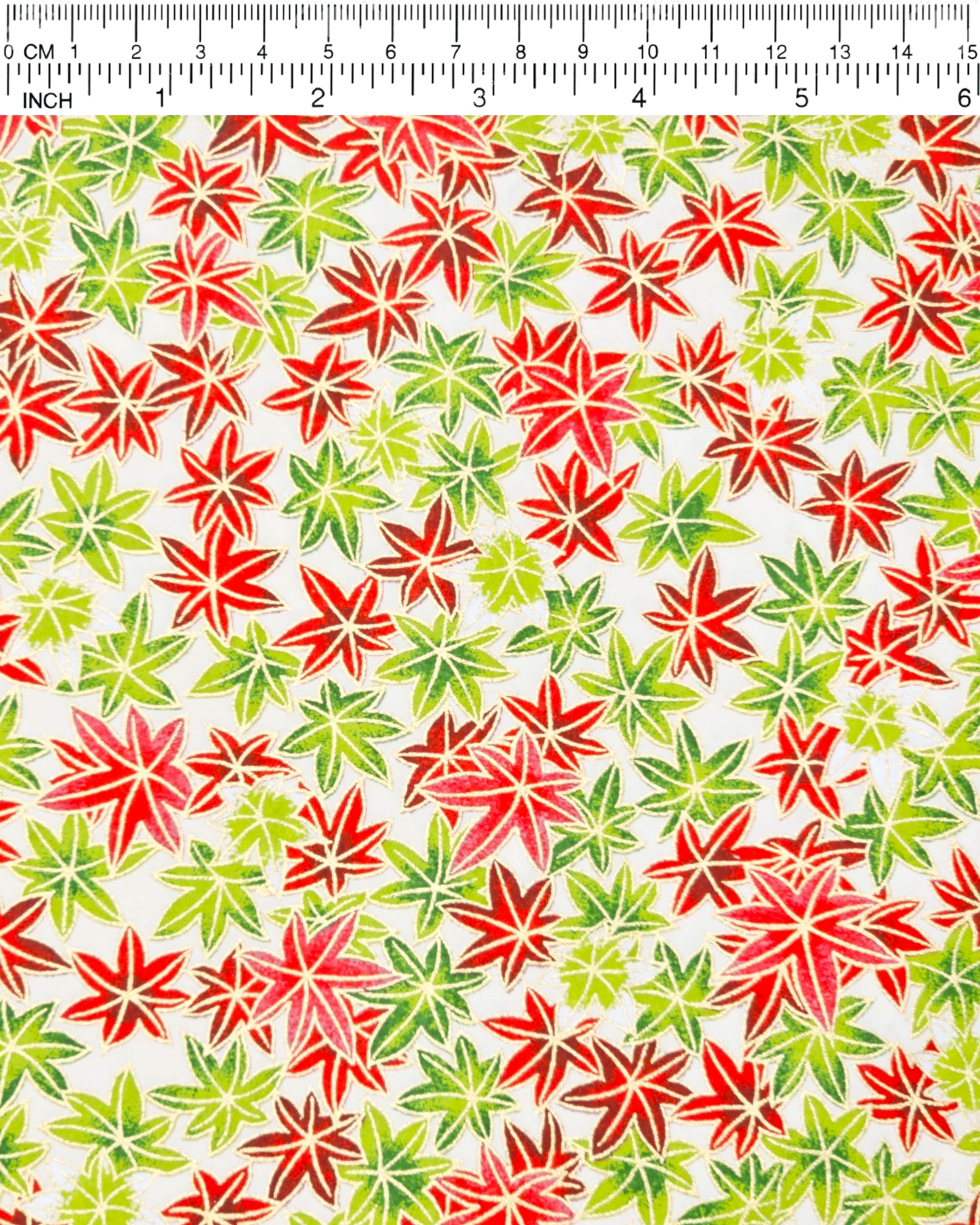 Japanese chiyogami paper featuring red, green, and white momiji (maples leaves) on a white background with metallic gold details.