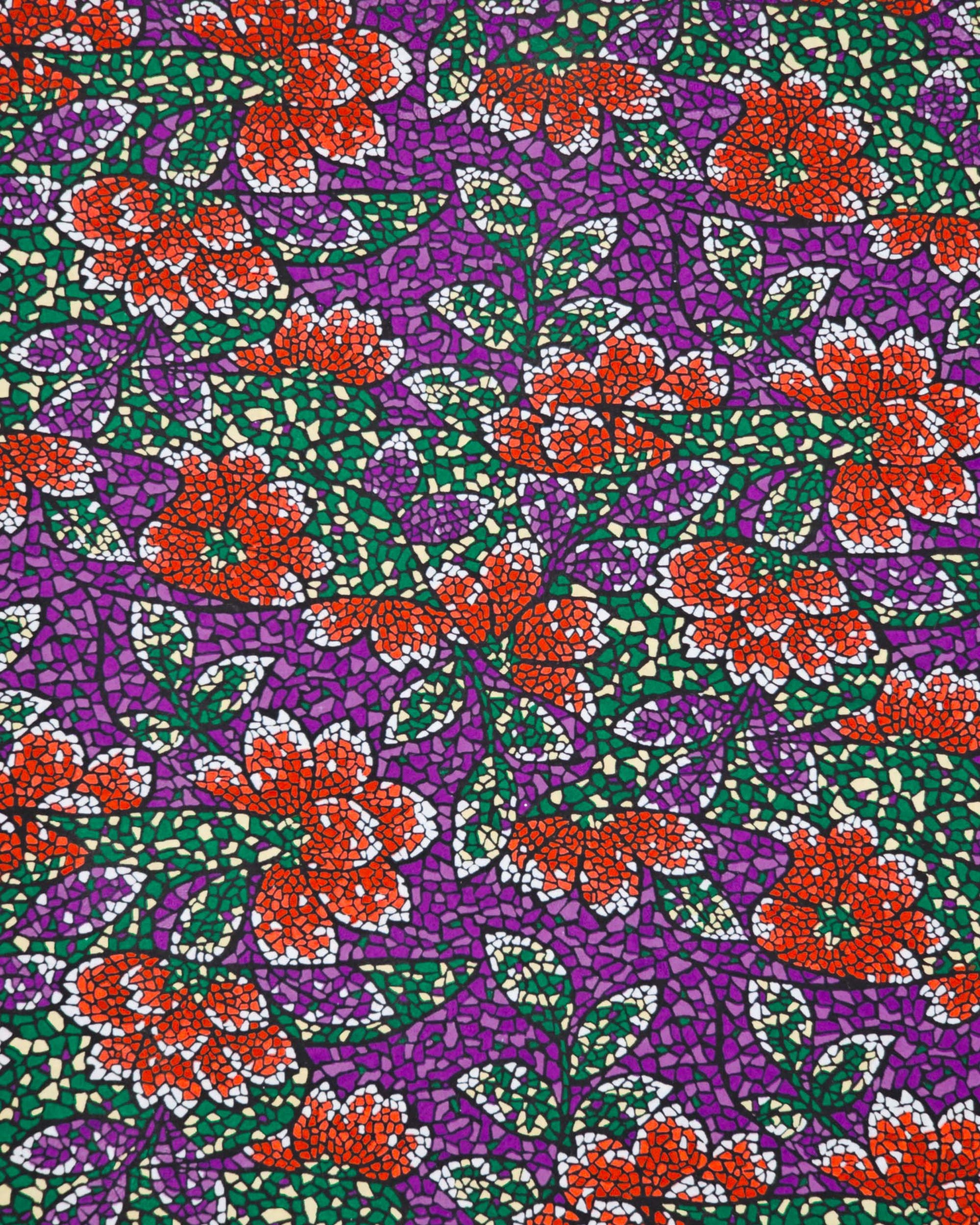 Japanese chiyogami paper featuring red and white flowers with green, cream, and white leaves on a dark purple background in a mosaic-inspired design.