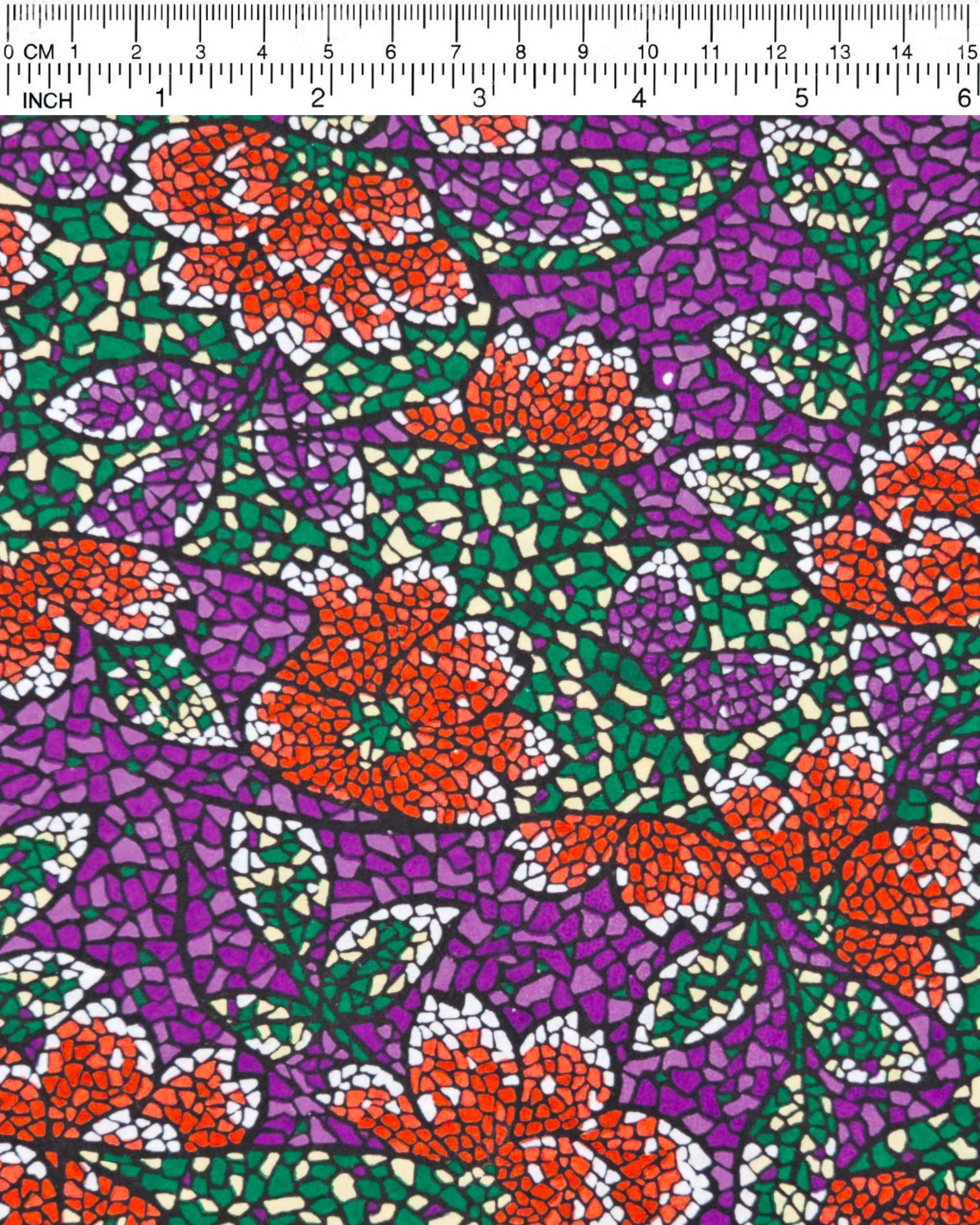Japanese chiyogami paper featuring red and white flowers with green, cream, and white leaves on a dark purple background in a mosaic-inspired design.