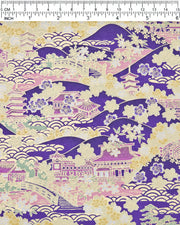 Japanese chiyogami paper featuring a traditional Japanese landscape with pagodas, temples, bridges, mountains, cherry blossoms, pine trees, and seigaiha (wave crests) patterns in yellow, pink, lavender, and mint green on a deep purple background with metallic gold details.