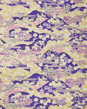 Japanese chiyogami paper featuring a traditional Japanese landscape with pagodas, temples, bridges, mountains, cherry blossoms, pine trees, and seigaiha (wave crests) patterns in yellow, pink, lavender, and mint green on a deep purple background with metallic gold details.