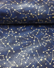 Japanese chiyogami paper featuring metallic gold stars and constellations scattered across a dark blue gradient background with shimmering metallic silver stardust.