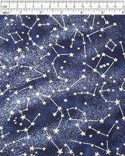 Japanese chiyogami paper featuring metallic gold stars and constellations scattered across a dark blue gradient background with shimmering metallic silver stardust.