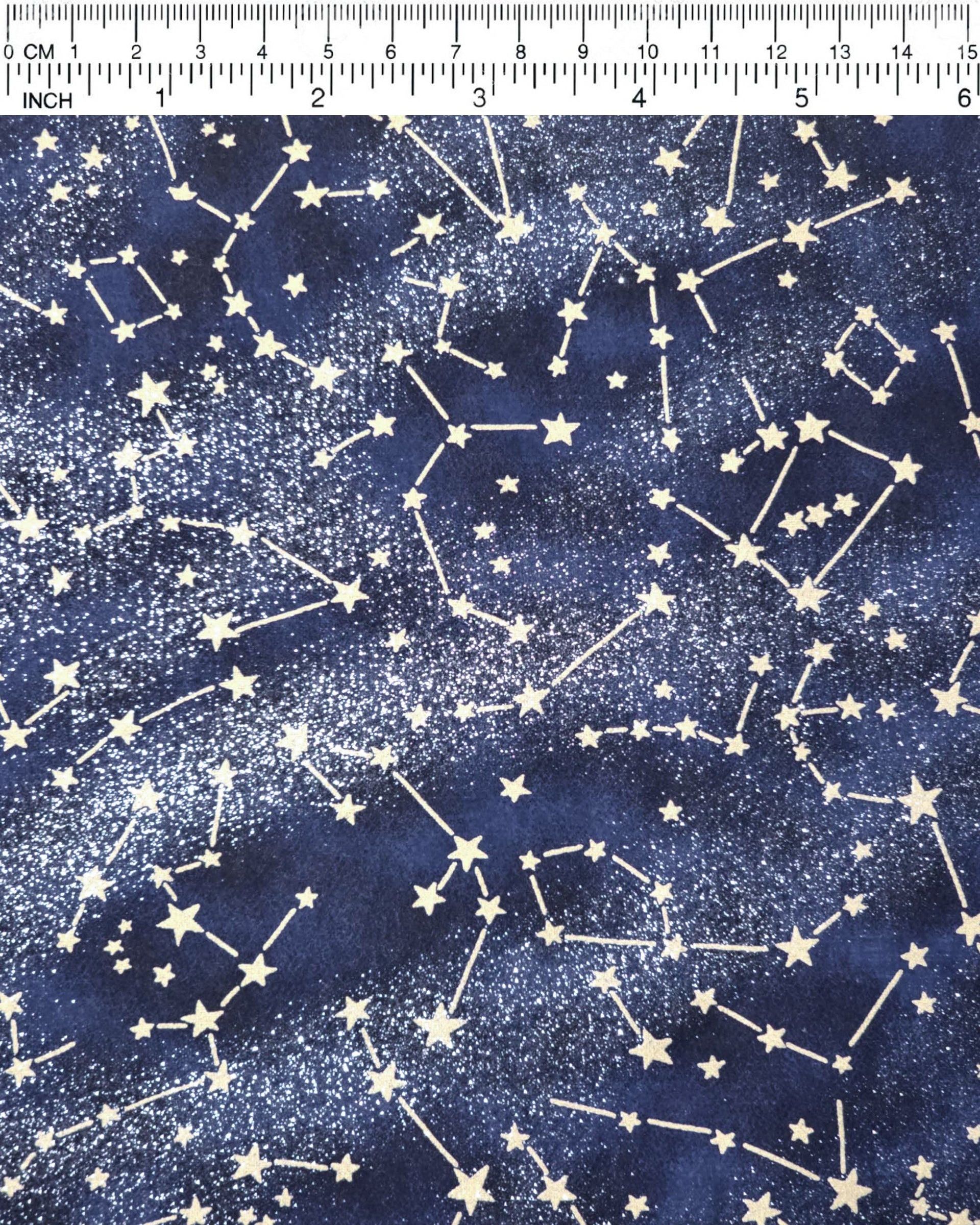 Japanese chiyogami paper featuring metallic gold stars and constellations scattered across a dark blue gradient background with shimmering metallic silver stardust.