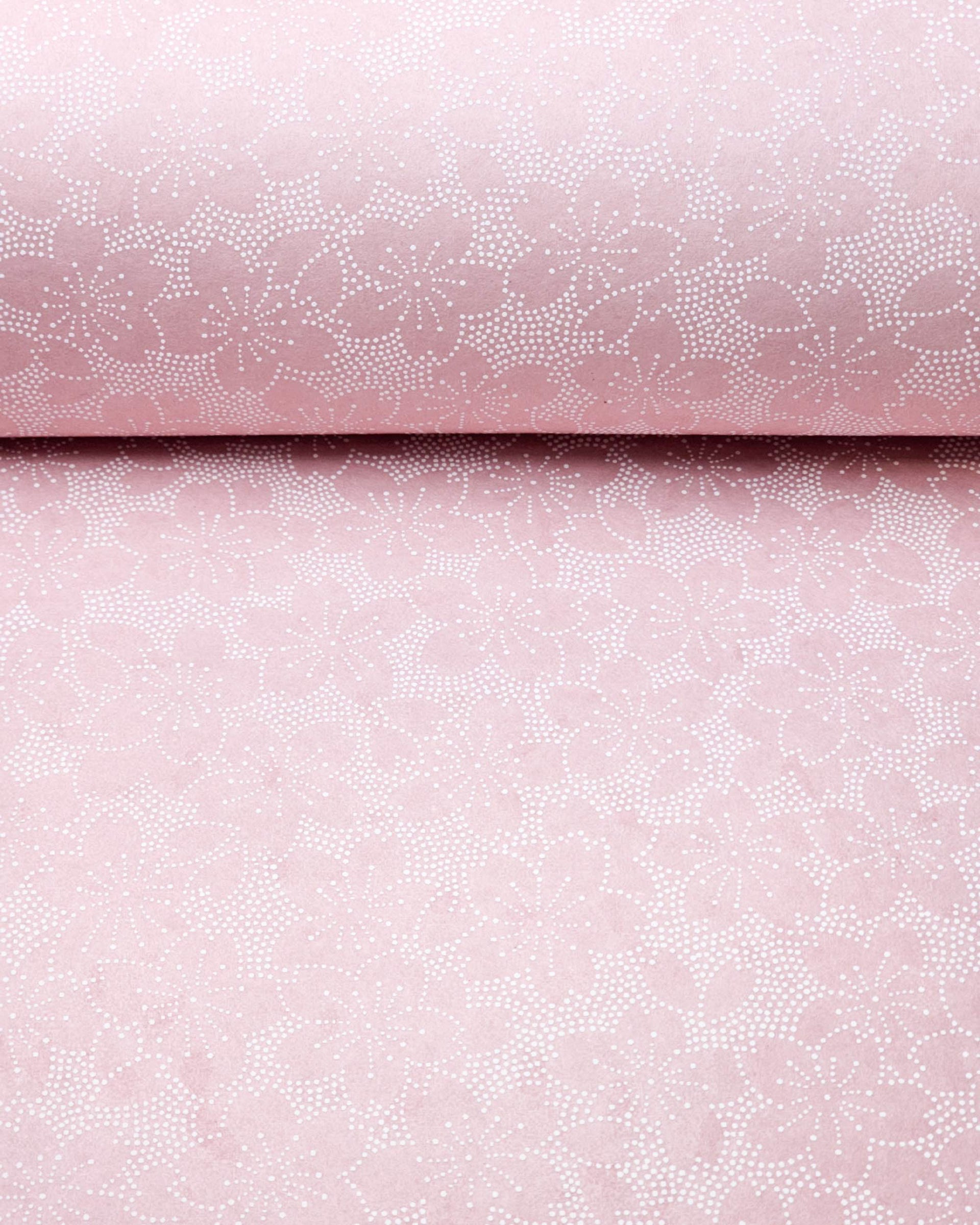 Japanese chiyogami paper featuring white pointillistic cherry blossoms on a dusty blush pink background.