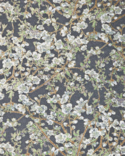 Japanese chiyogami paper featuring gray and white detailed plum blossoms with brown branches and green leaves on a dark gray background with metallic gold details.