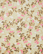 Japanese chiyogami paper featuring clusters of pink cherry fruit with white flowers and brown leaves on a beige background with metallic gold details.