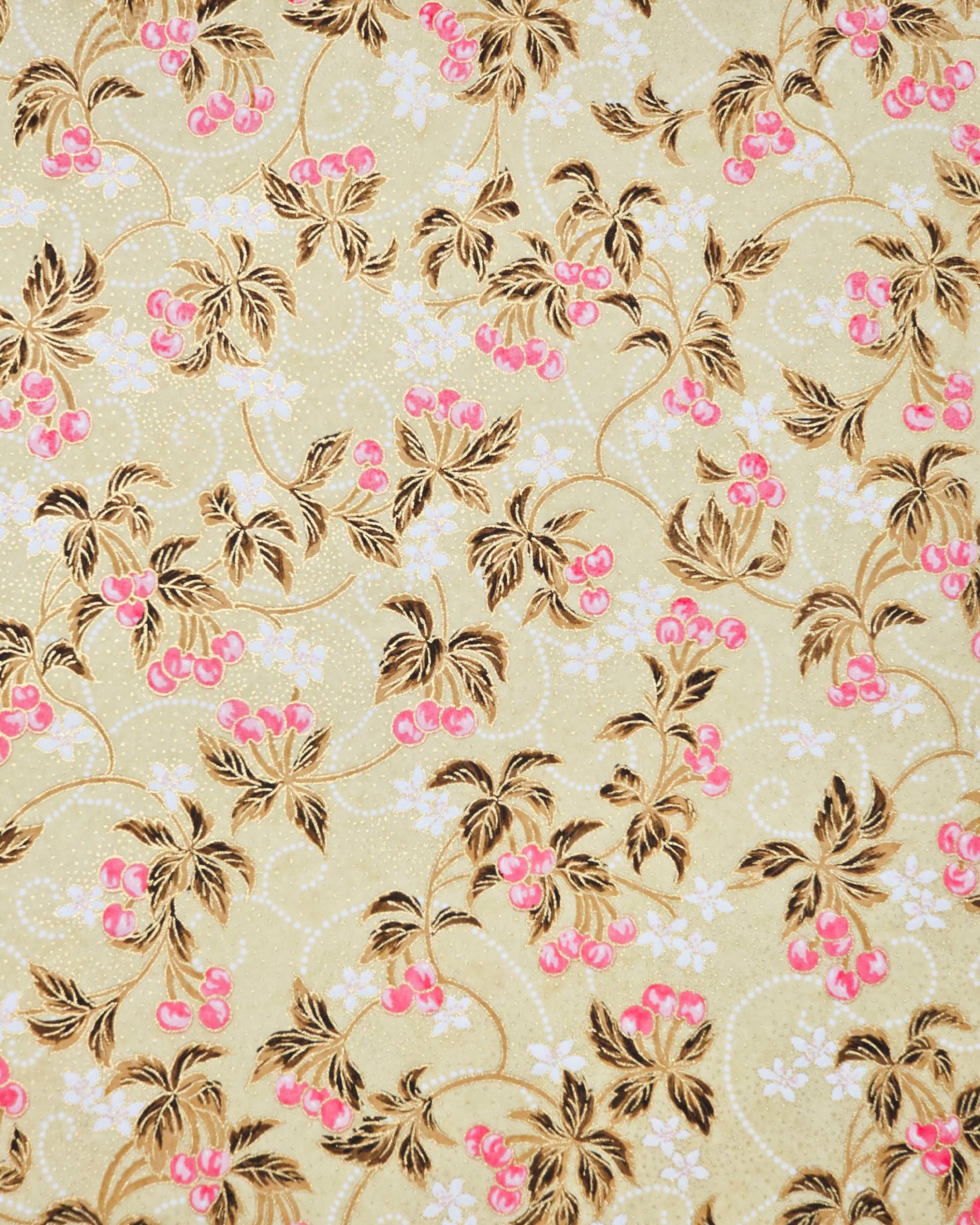 Japanese chiyogami paper featuring clusters of pink cherry fruit with white flowers and brown leaves on a beige background with metallic gold details.