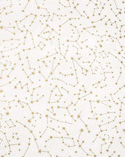 Japanese chiyogami paper featuring metallic gold stars and constellations scattered across a white background with shimmering metallic silver stardust. 
