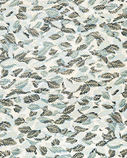 Japanese chiyogami paper featuring dark green, light blue-green, and white leaves on a white background with metallic gold details. 