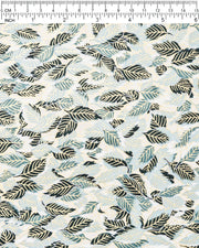 Japanese chiyogami paper featuring dark green, light blue-green, and white leaves on a white background with metallic gold details, shown next to a ruler for size reference.