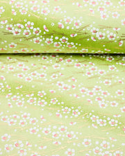 Japanese chiyogami paper featuring small white plum blossom with pink centers and gold matsuba (pine needles) on a green gradient background with metallic gold details, shown rolled to highlight the design.