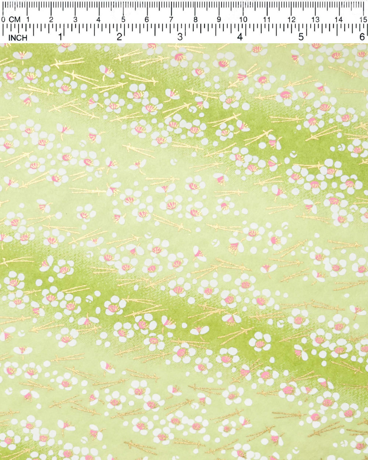Japanese chiyogami paper featuring small white plum blossom with pink centers and gold matsuba (pine needles) on a green gradient background with metallic gold details, shown next to a ruler for size reference.