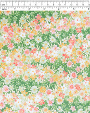 Japanese chiyogami paper featuring assorted green, white, pink, and orange flowers on a green background with metallic gold details.