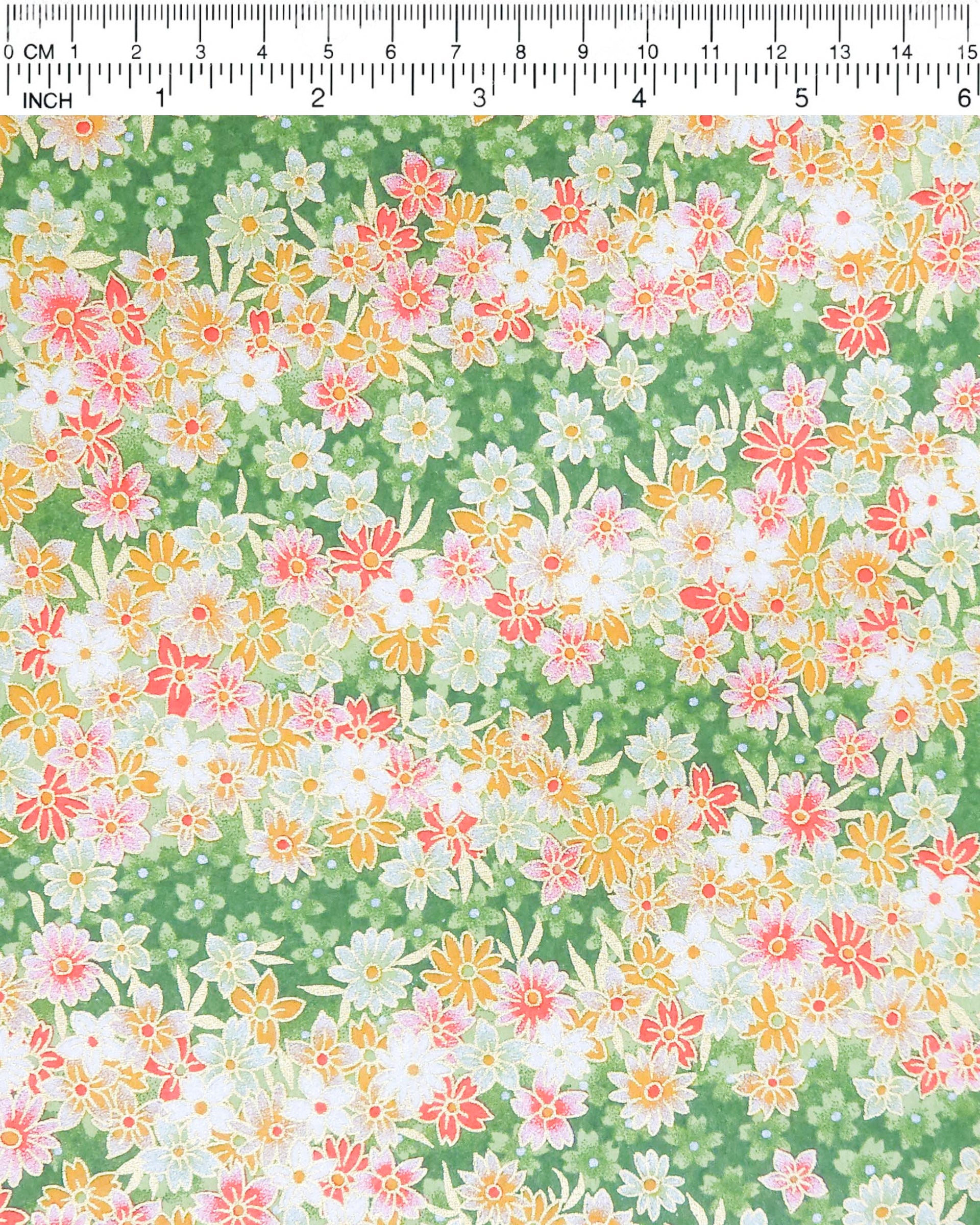 Japanese chiyogami paper featuring assorted green, white, pink, and orange flowers on a green background with metallic gold details.