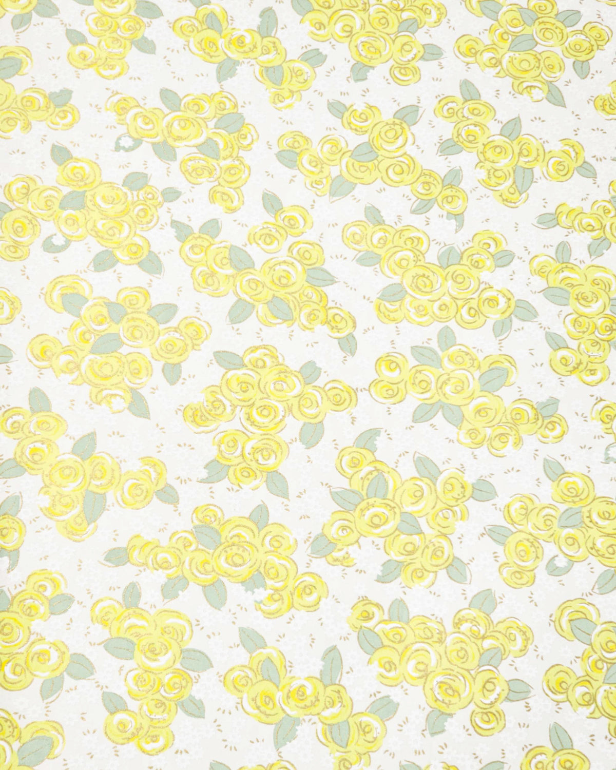 Japanese chiyogami paper featuring yellow and white roses with light green leaves and smaller white flowers on a white background with metallic gold details. 