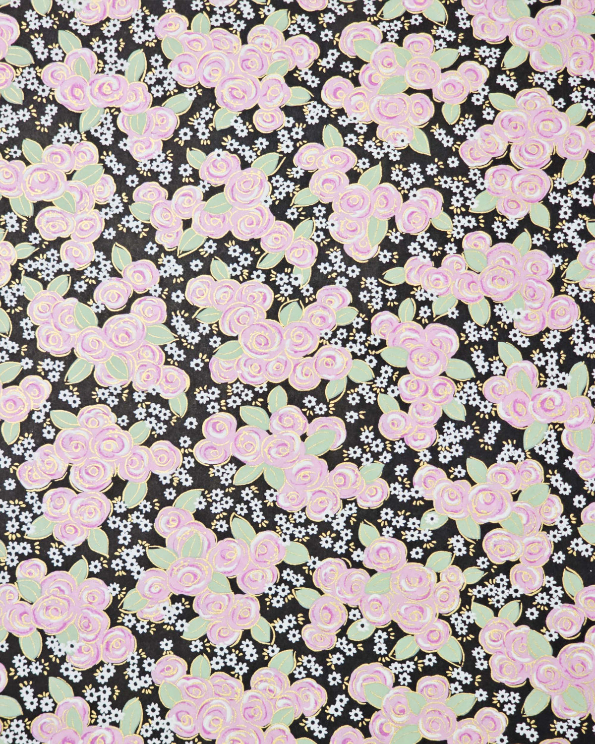 Japanese chiyogami paper featuring purple and white roses with light green leaves and smaller white flowers on a black background with metallic gold details. 