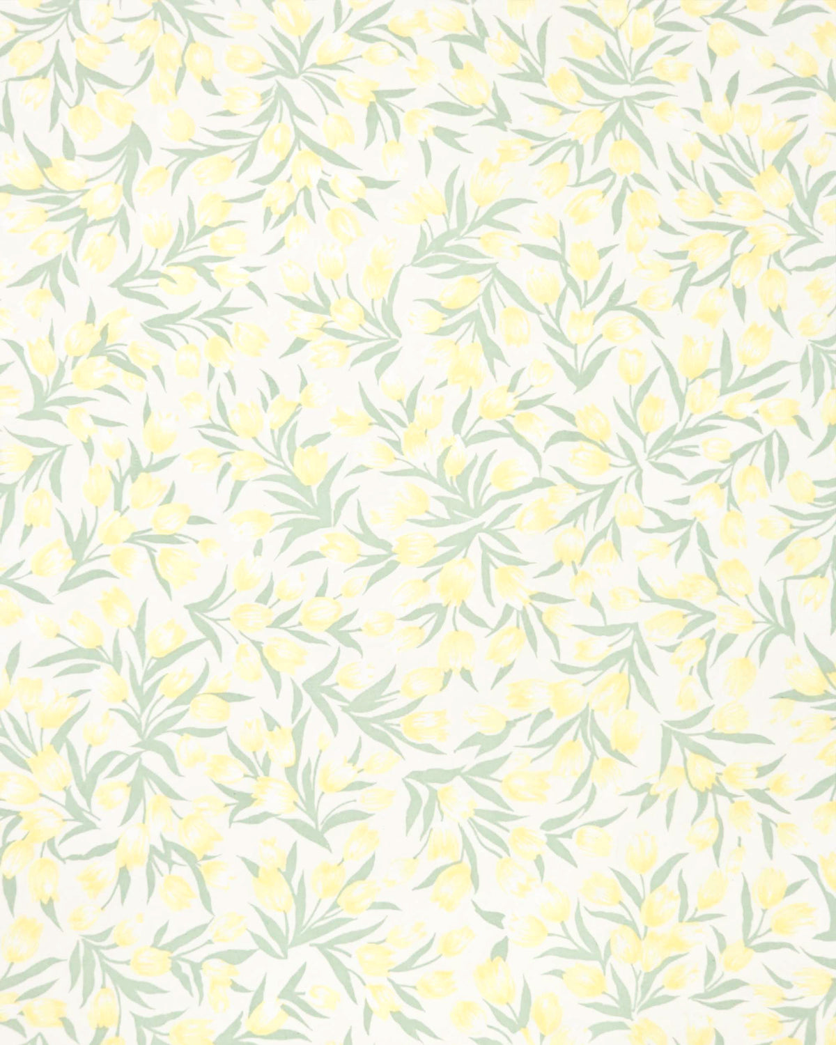 Japanese chiyogami paper featuring pale yellow and white tulips with light green leaves on a white background. 