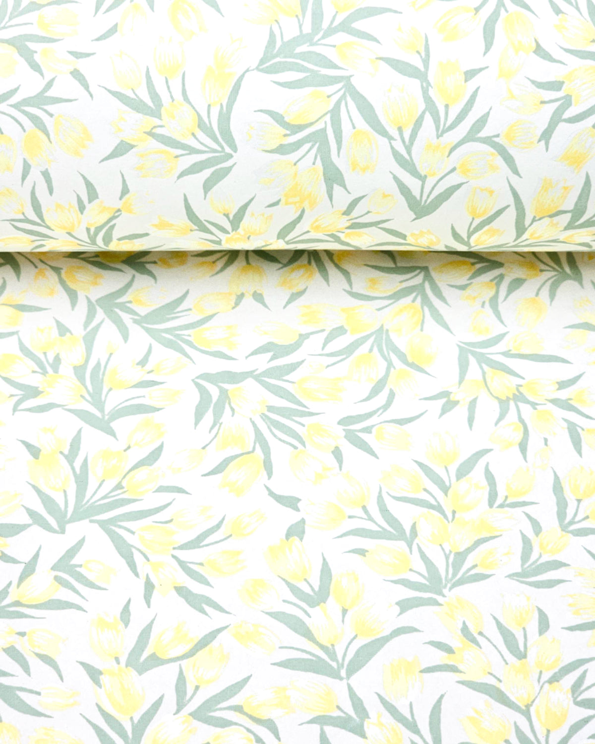Japanese chiyogami paper featuring pale yellow and white tulips with light green leaves on a white background, shown rolled to highlight the design.