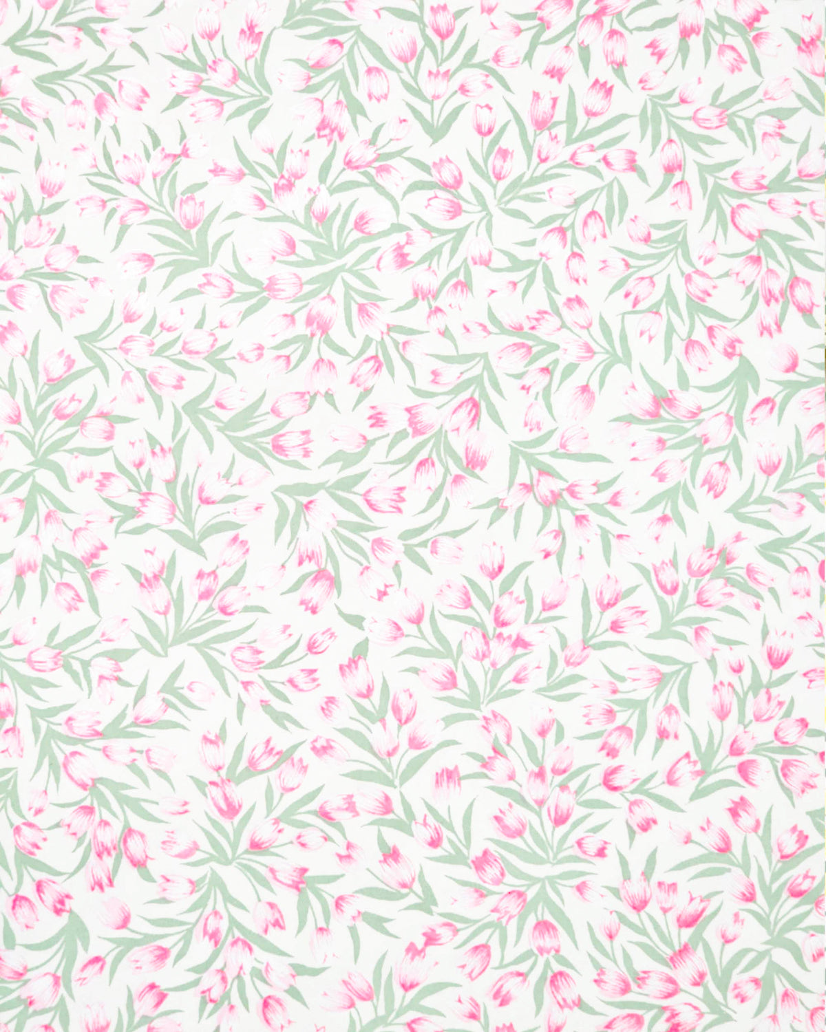 Japanese chiyogami paper featuring pink and white tulips with light green leaves on a white background. 