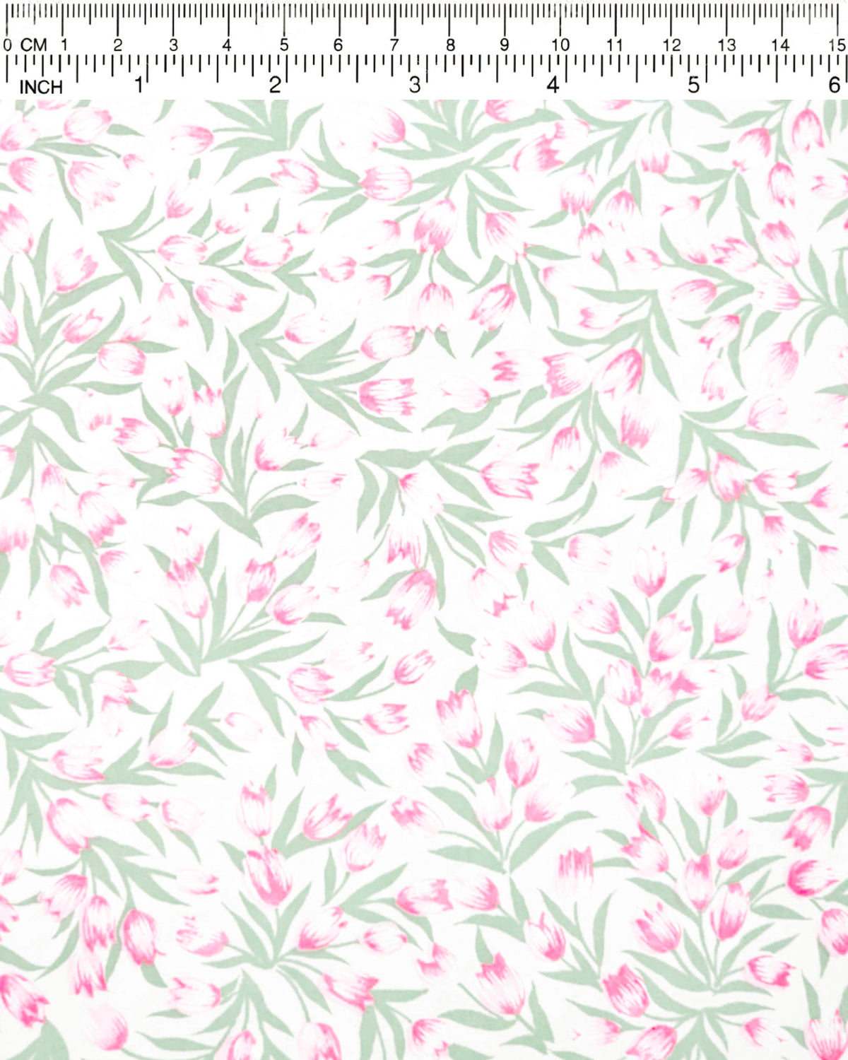 Japanese chiyogami paper featuring pink and white tulips with light green leaves on a white background, shown next to a ruler for size reference.