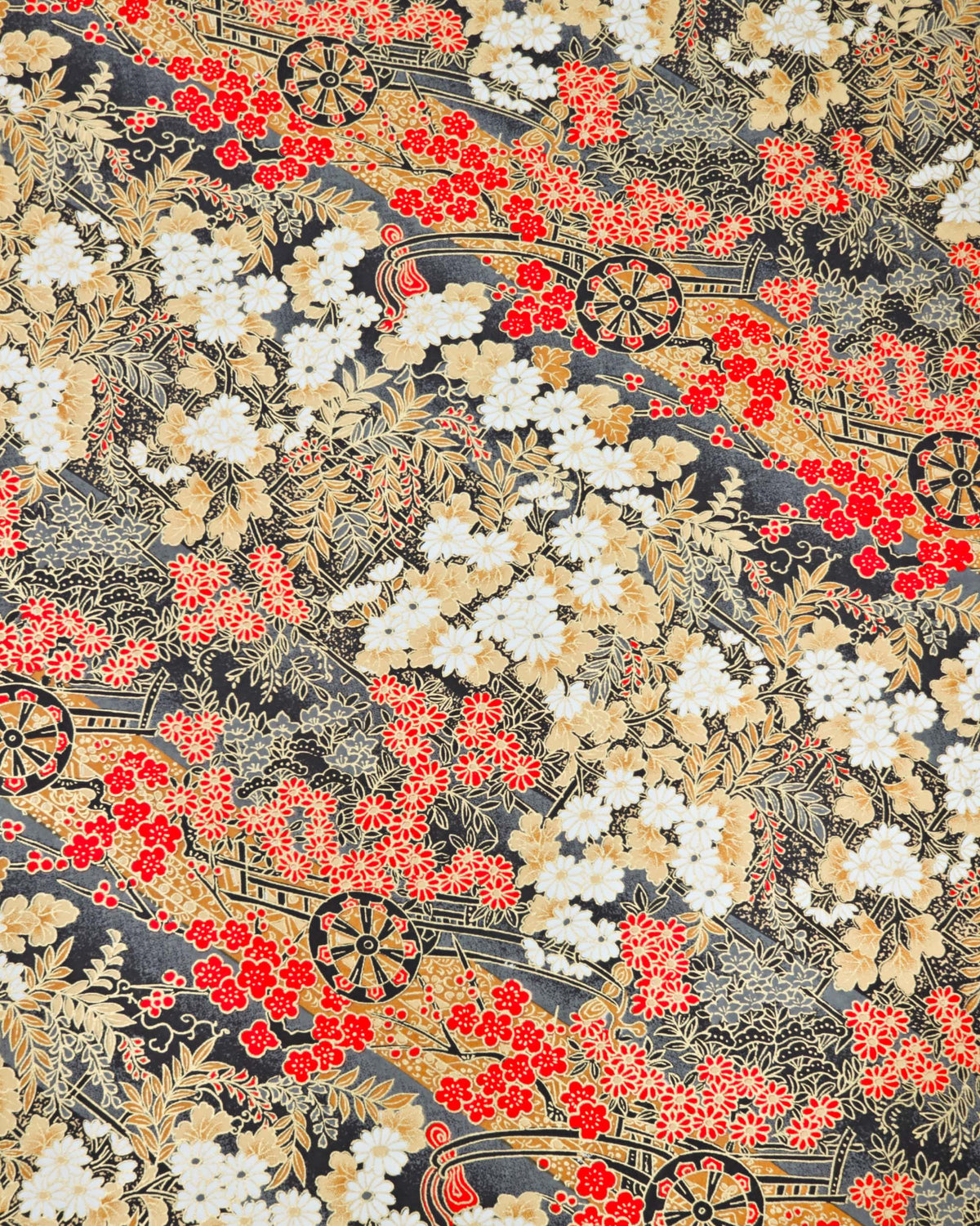 Japanese chiyogami paper featuring black flower carts with assorted red, white, and gray flowers with brown leaves on a gray background with metallic gold details. 