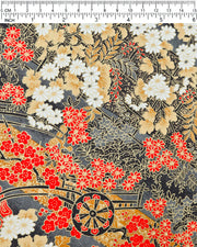 Japanese chiyogami paper featuring black flower carts with assorted red, white, and gray flowers with brown leaves on a gray background with metallic gold details, shown next to a ruler for size reference.