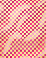 Japanese chiyogami paper featuring a large metallic gold traditional ichimatsu (checker) pattern on a flowing background in various shades of magenta pink. 
