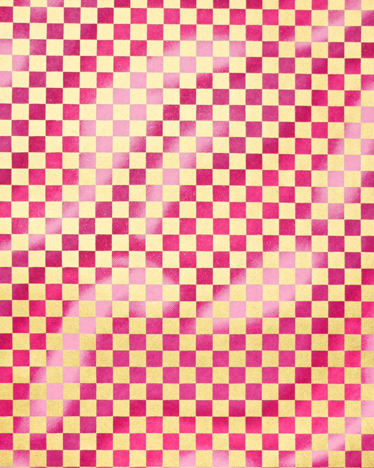 Japanese chiyogami paper featuring a large metallic gold traditional ichimatsu (checker) pattern on a flowing background in various shades of magenta pink. 