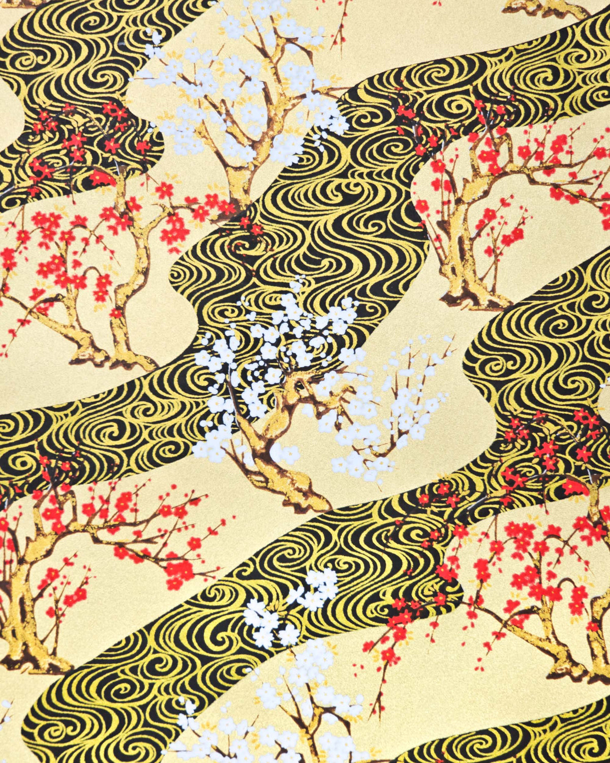 Japanese chiyogami paper featuring red and white plum and cherry blossom trees set against a metallic gold and black water ripple pattern on a gold background. 