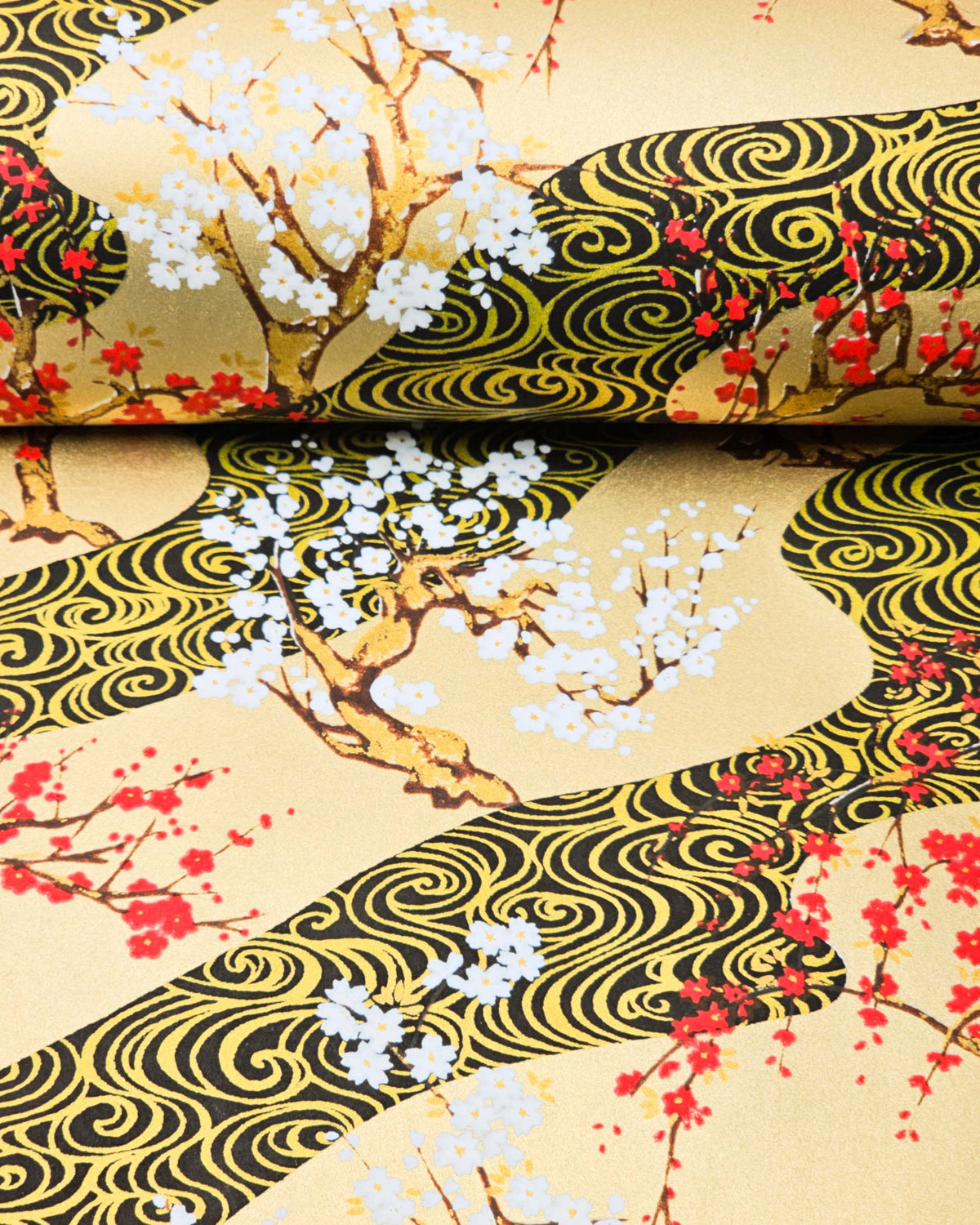 Japanese chiyogami paper featuring red and white plum and cherry blossom trees set against a metallic gold and black water ripple pattern on a gold background, shown rolled to highlight the design.