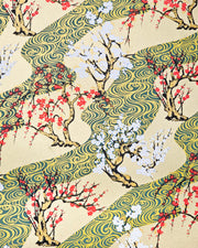 Japanese chiyogami paper featuring red and white plum and cherry blossom trees set against a metallic gold and green water ripple pattern on a gold background. 