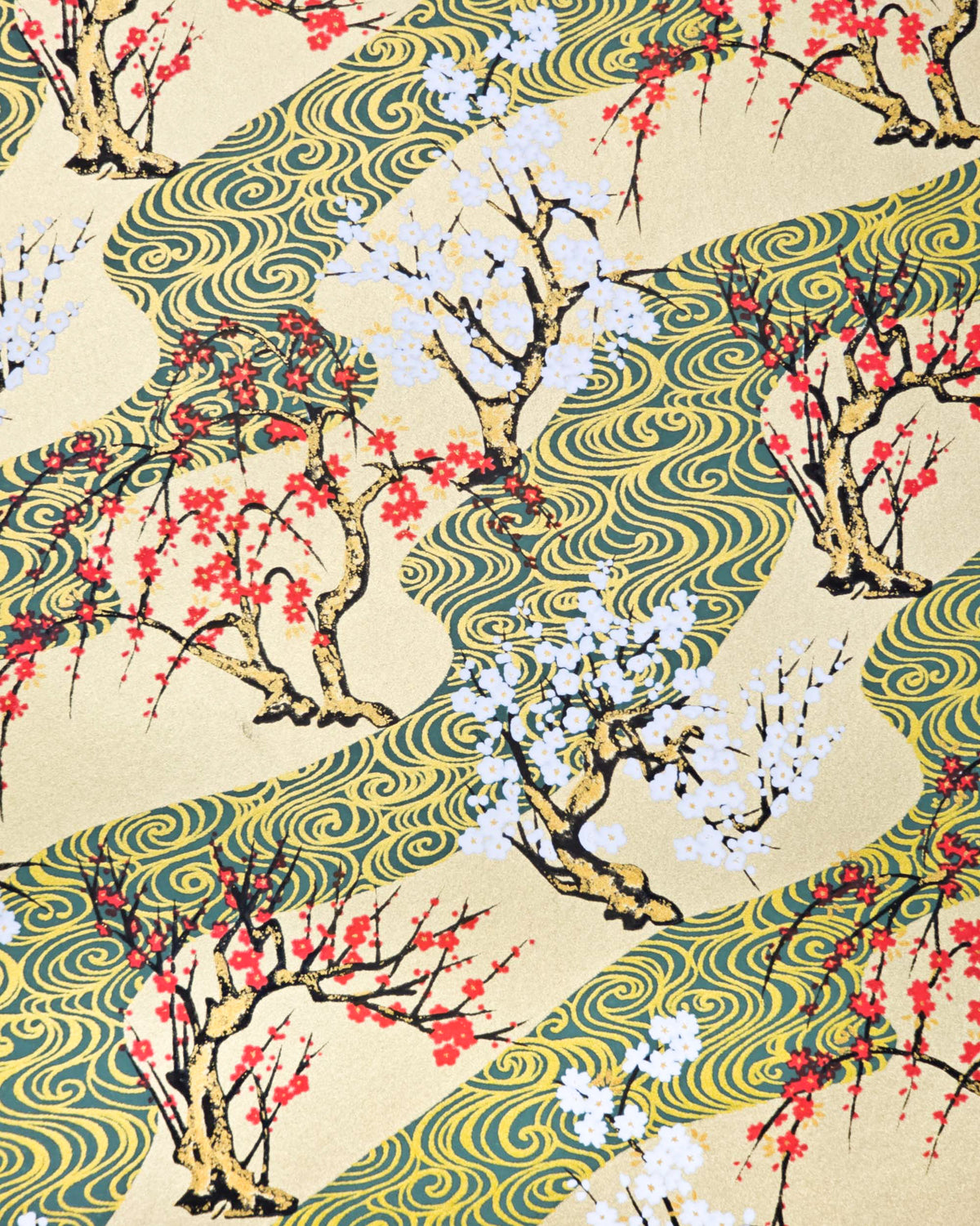Japanese chiyogami paper featuring red and white plum and cherry blossom trees set against a metallic gold and green water ripple pattern on a gold background. 