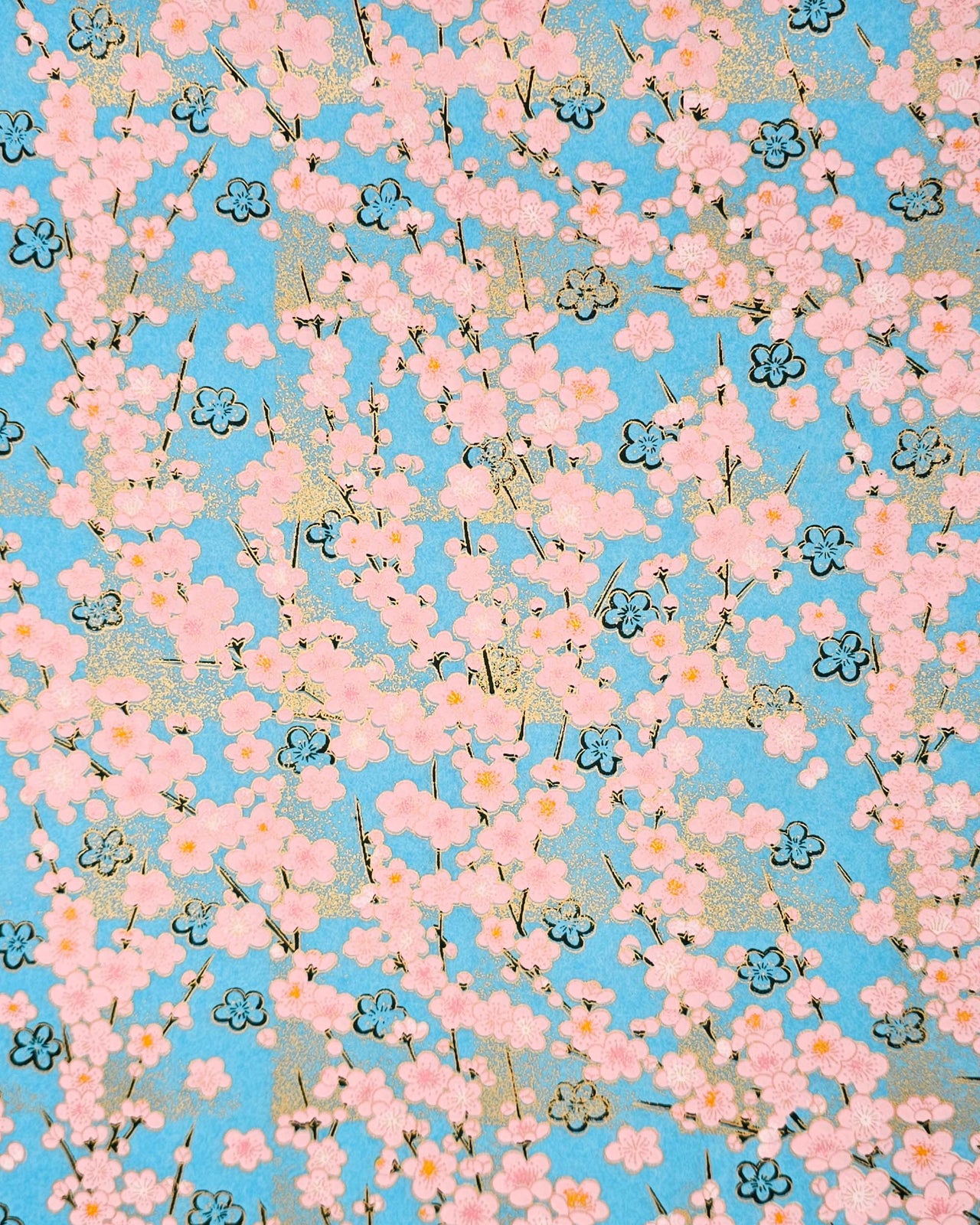 Japanese chiyogami paper featuring pink plum blossoms and black plum blossom outlines on a blue background with metallic gold details.