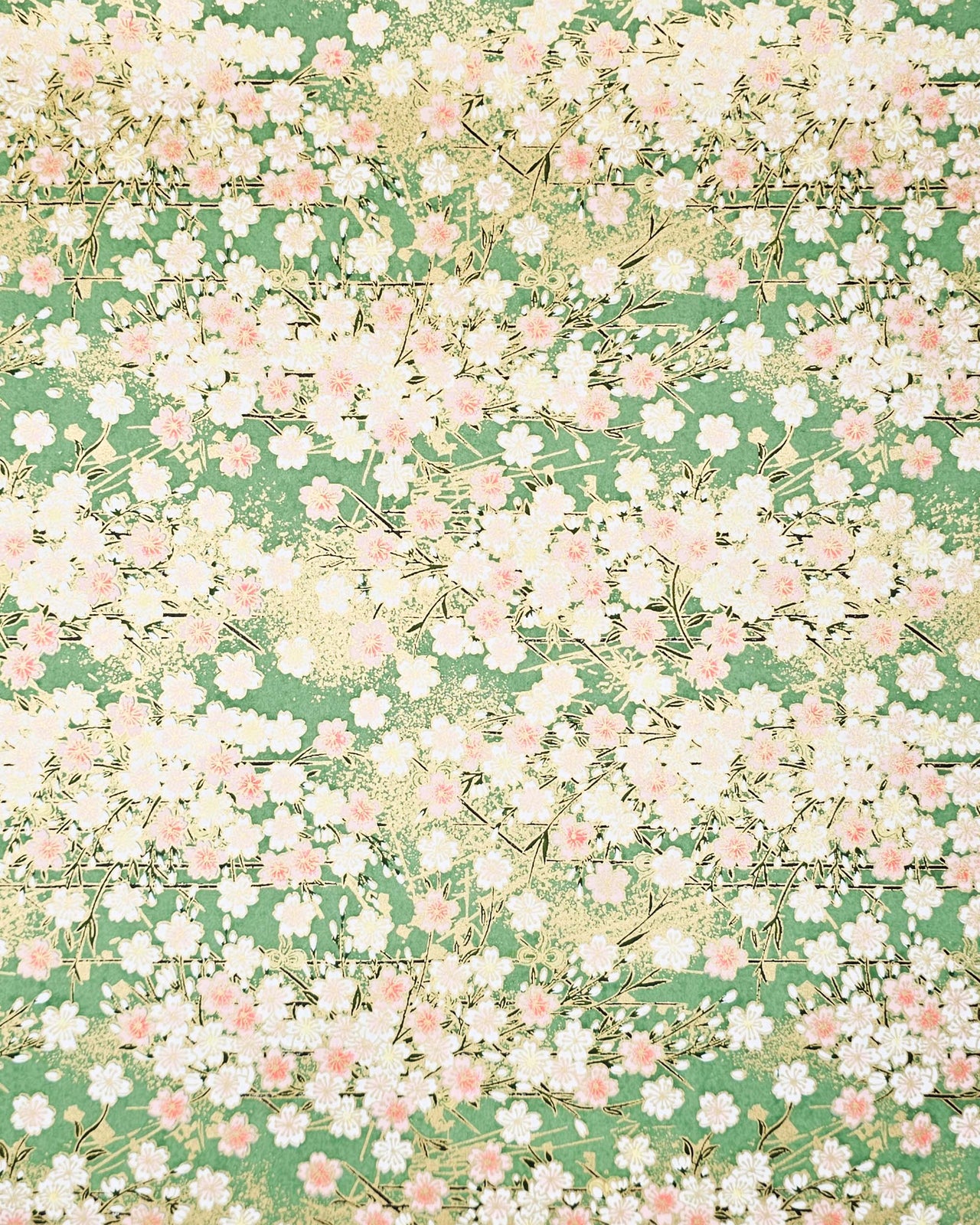 Japanese chiyogami paper featuring light pink and white cherry blossoms on a green background with metallic gold details.