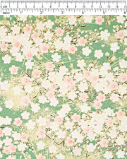 Japanese chiyogami paper featuring light pink and white cherry blossoms on a green background with metallic gold details.